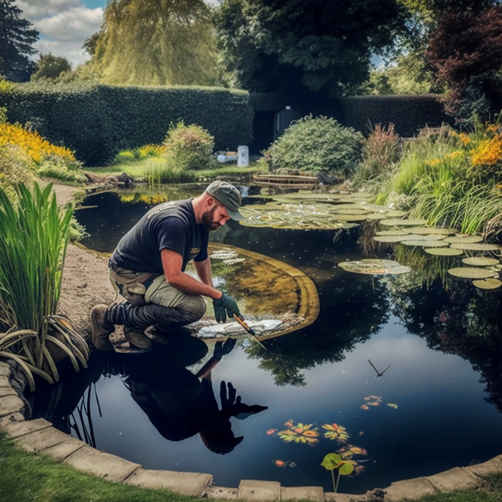 Landscaper building an eco wildlife pond. Horticulture industry climate change
